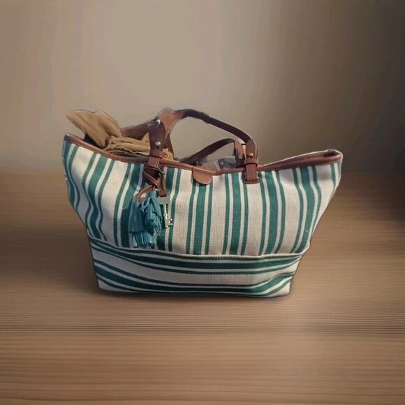 Fossil Handbags - Fossil Rachel tote bag with a teal stripe canvas and brown leather trim Boho...